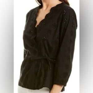 Madewell Black Eyelet Fabric Peplum Tie Front Top